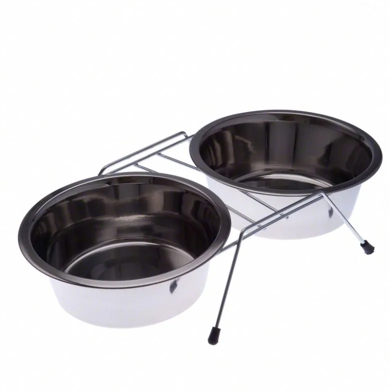 Dobbeltskål af rustfrit stål, med holder