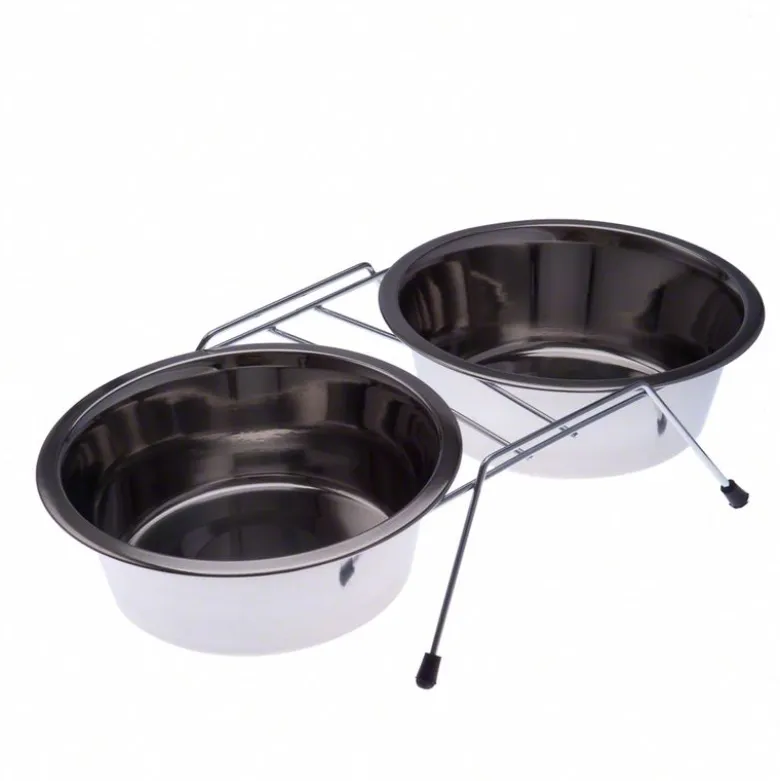 Dobbeltskål af rustfrit stål, med holder