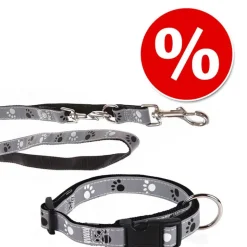 Trixie Sæt: halsbånd + hundesnor med potemotiv og refleks - sølv