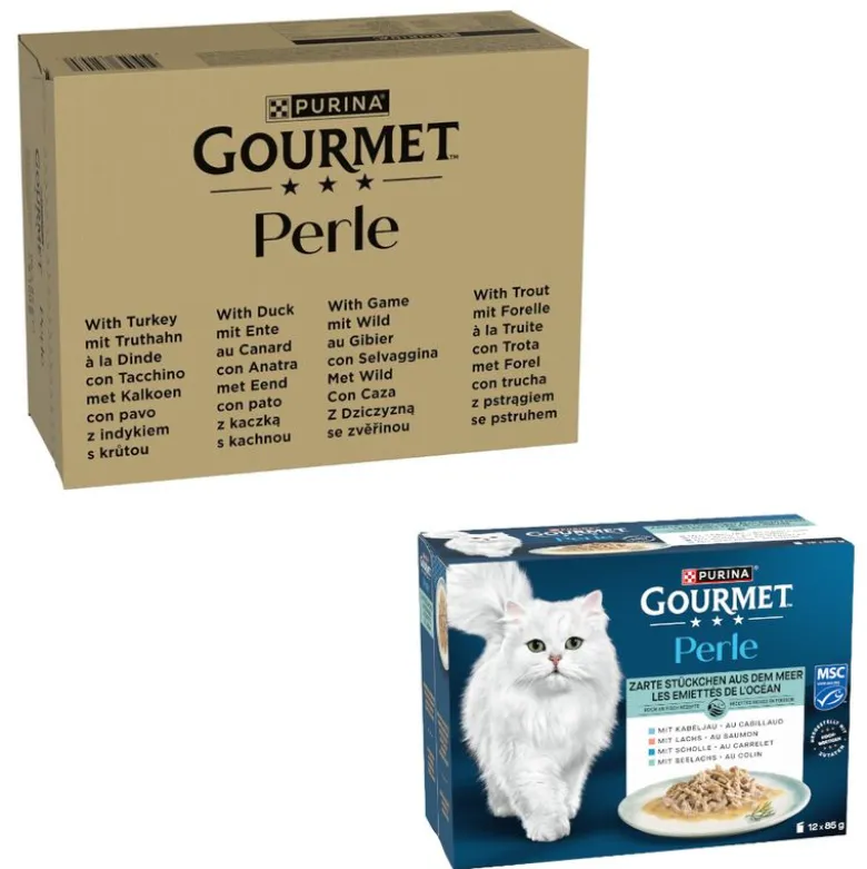 96 x 85 g Purina Gourmet Perle + 12 x 85 g Delikate bidder fra havet i sauce gratis!